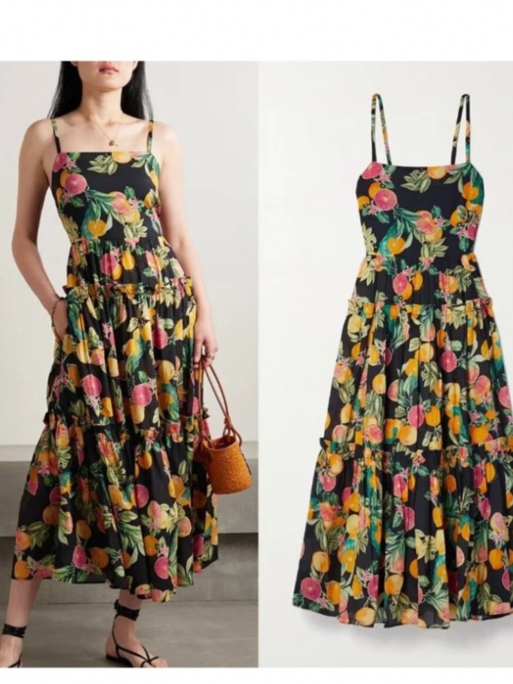 Cara Cara Citrus print midi dress strappy tie back M